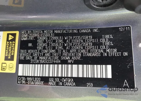 2012 Lexus Rx 350 from USA, damaged, VIN 2T2ZK1BA5CC074484